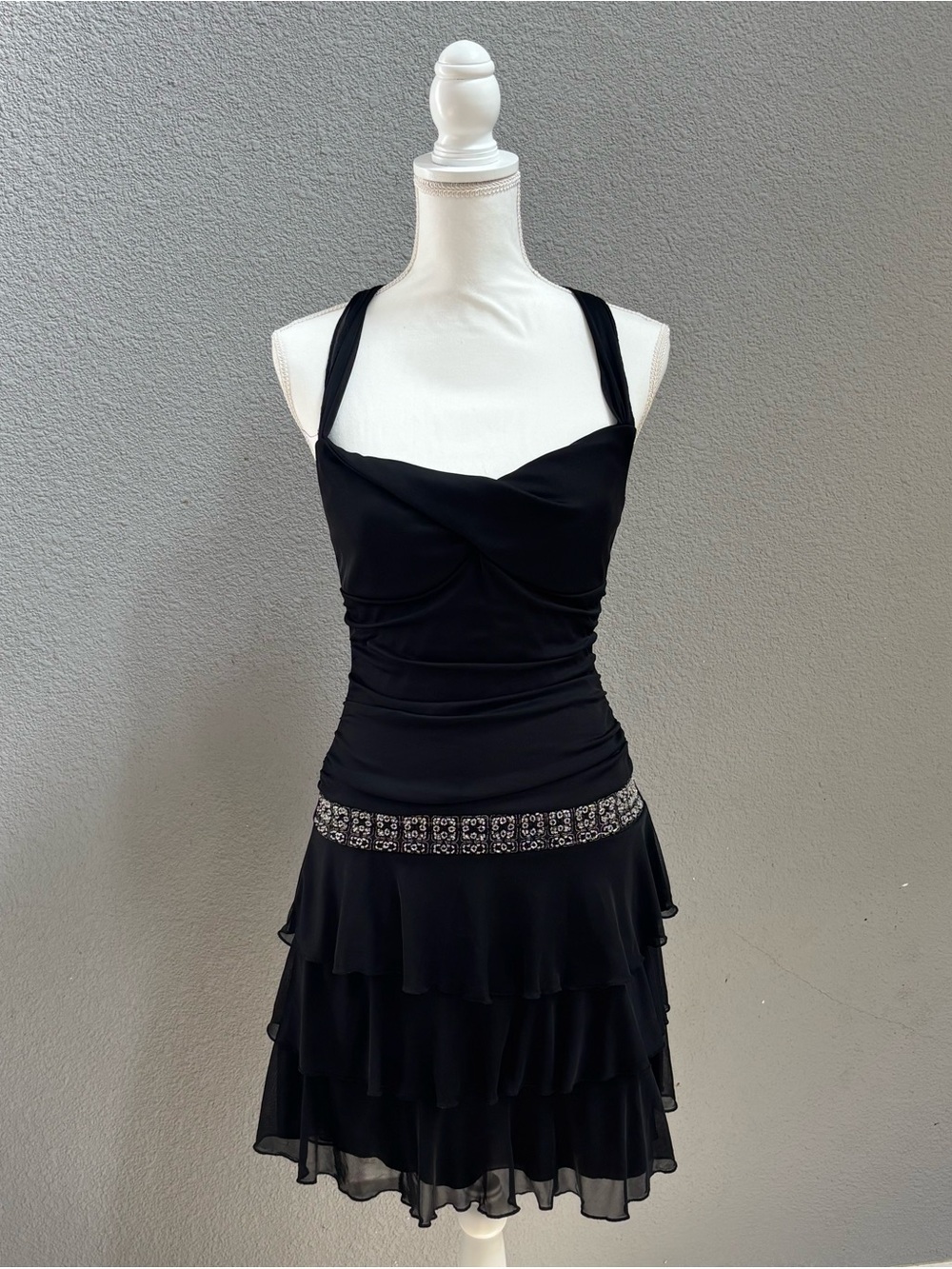 Speechless Black Tiered Halter Mini Dress with Embellished Waistband